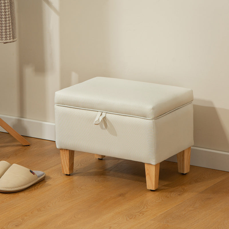 Beige Linen Storage Ottoman 16L with Padded Seat and Rubberwood Legs for Bedroom Use - 49W x 33D x 36H cm