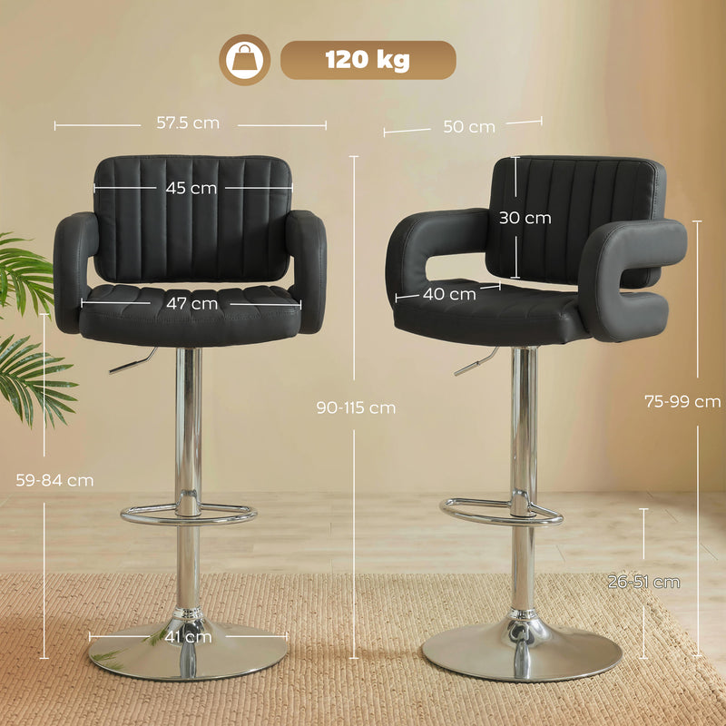 Adjustable Bar Stools with Padded Armrests for Comfortable Kitchen Seating Set of 2 Black AOSOM