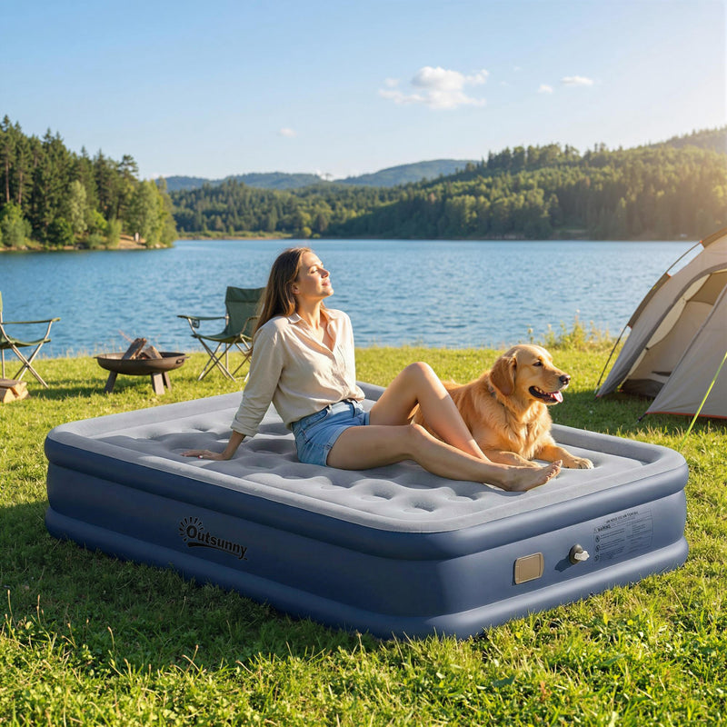 Double Air Bed with Built In Pump for Fast Comfortable Camping Sleep Grey