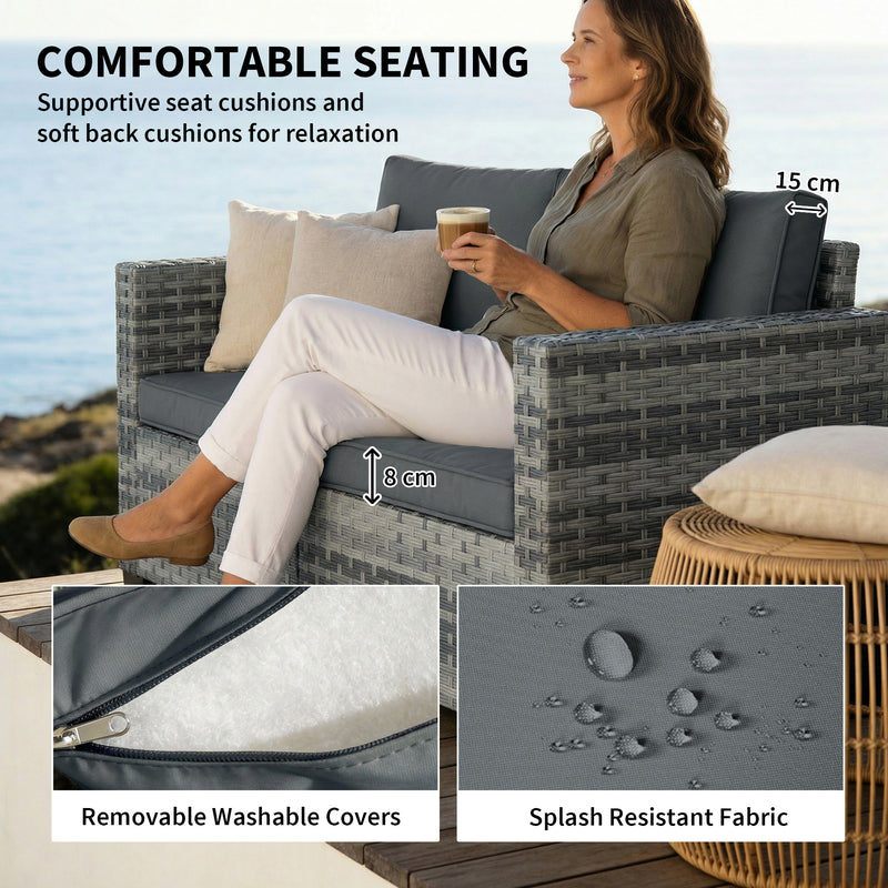 2 Seater Rattan Garden Sofa with Cushions for Outdoor Relaxing, Mixed Grey