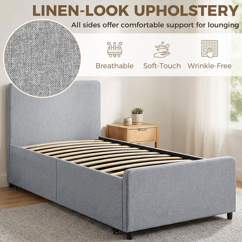 Pull Out Guest Bed Frame with Trundle for Small Spaces Upholstered Backrest