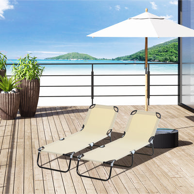 Beige Foldable Sun Loungers Set of 2 with 5 Position Backrest for Outdoor Relaxing