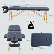 Dimensions diagram of the massage table showing bed size, height range and folded size
