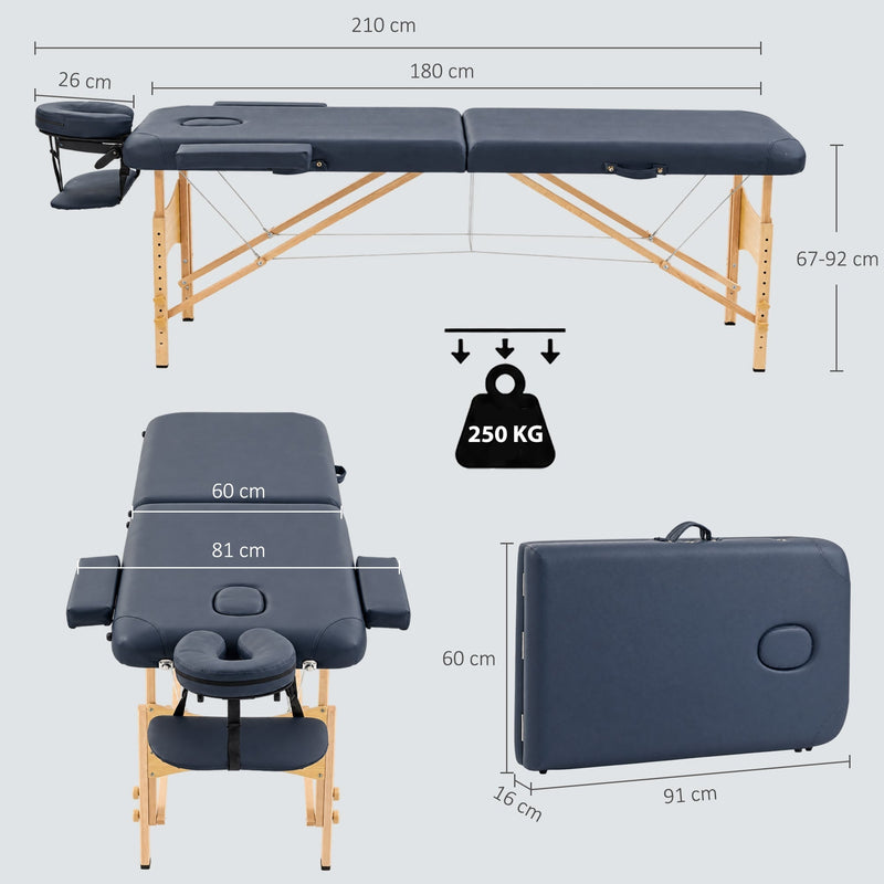 Dimensions diagram of the massage table showing bed size, height range and folded size