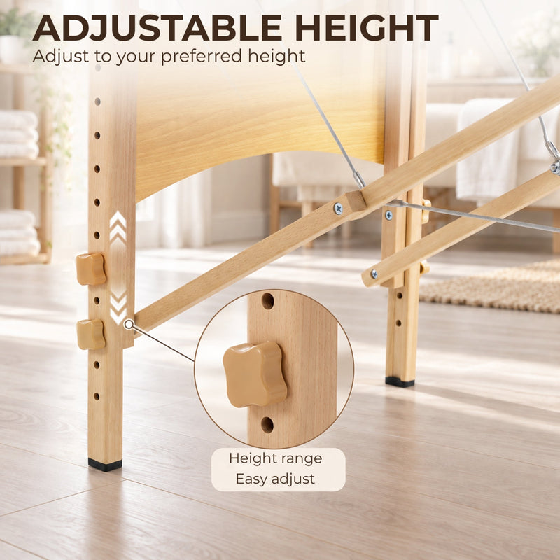 Close-up of the wooden leg height adjustment peg on the massage table