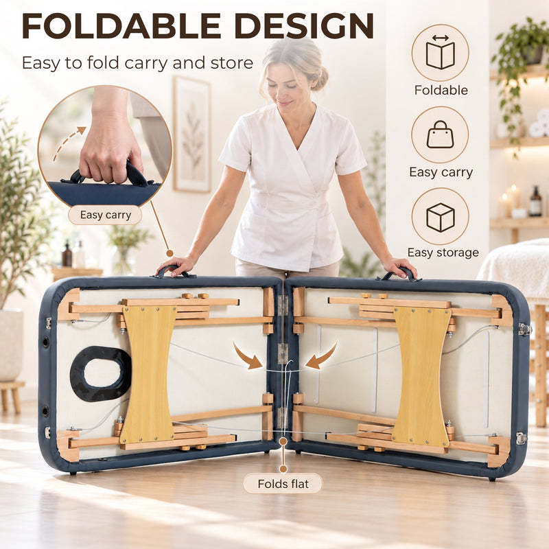 Woman carrying the massage table folded flat by its handle