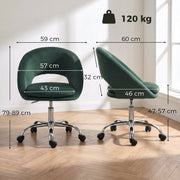 Dimension diagram of the dark green desk chair showing 59cm width, 60cm depth and 47-57cm seat height