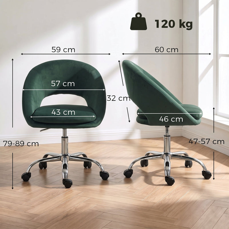 Dimension diagram of the dark green desk chair showing 59cm width, 60cm depth and 47-57cm seat height