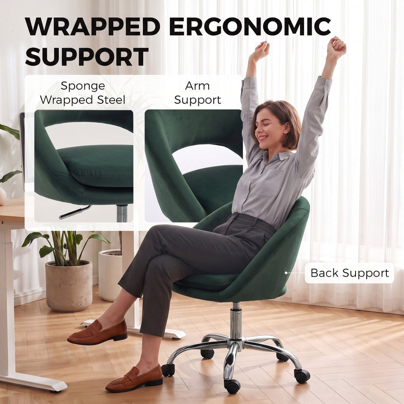 Diagram of the chair's sponge-wrapped steel armrest and back support with a woman stretching