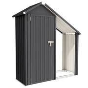 Dark grey 2-in-1 steel firewood shed with closed tool cabinet and open log rack