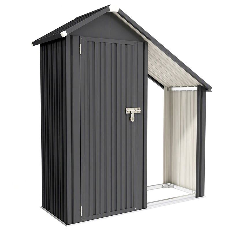 Dark grey 2-in-1 steel firewood shed with closed tool cabinet and open log rack