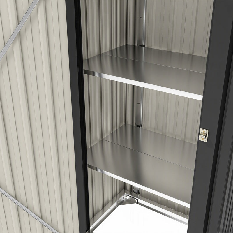 Close-up of the two metal shelves inside the tool cabinet