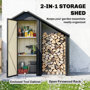 2-in-1 storage shed with enclosed tool cabinet and open firewood rack labelled