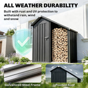 Galvanised steel firewood shed with weather protection icon and pointed roof close-up