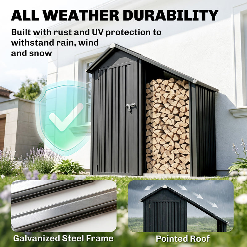 Galvanised steel firewood shed with weather protection icon and pointed roof close-up