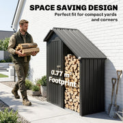 Man carrying logs to the firewood shed with a 0.77 square metre footprint label