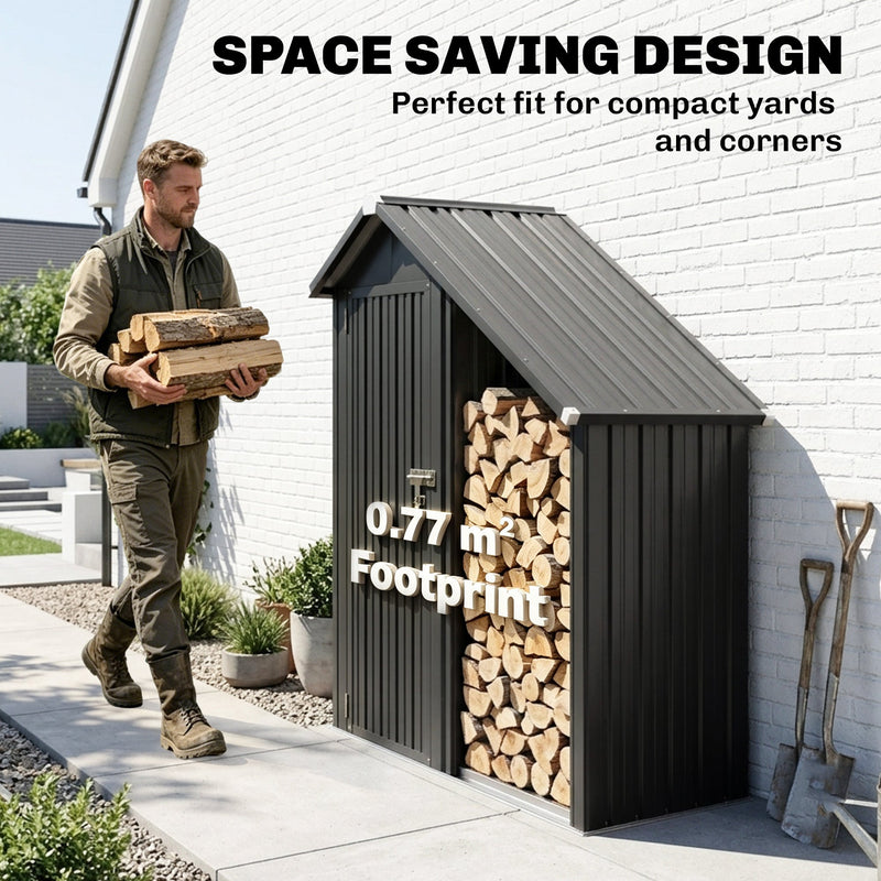 Man carrying logs to the firewood shed with a 0.77 square metre footprint label