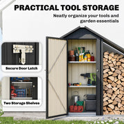 Open tool cabinet with 2 shelves and a close-up of the door latch