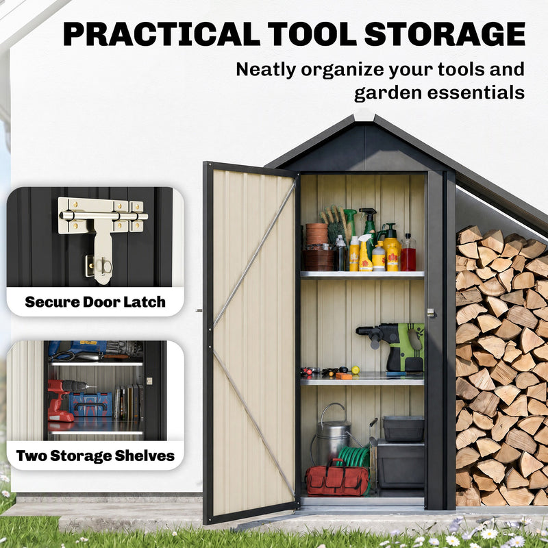 Open tool cabinet with 2 shelves and a close-up of the door latch