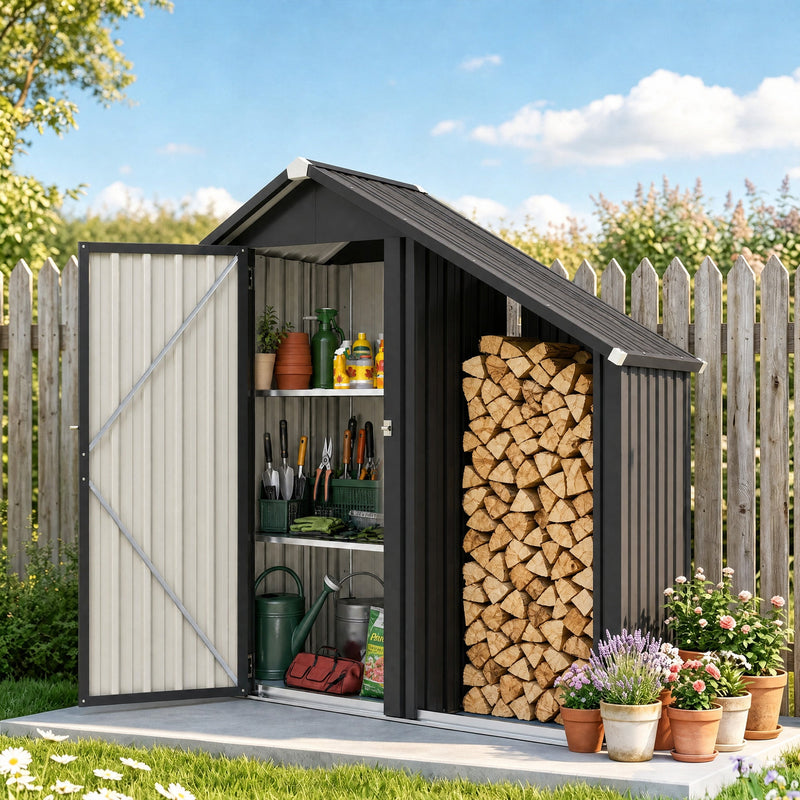 Firewood shed with the cabinet door open in a garden with potted plants