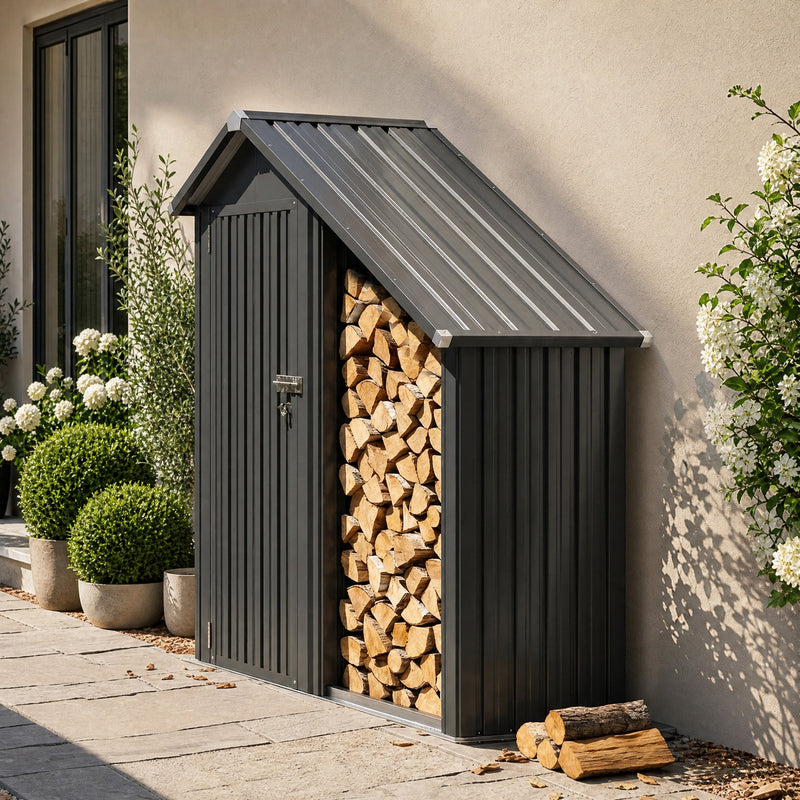 Firewood shed beside a house wall with a stack of logs and plant pots