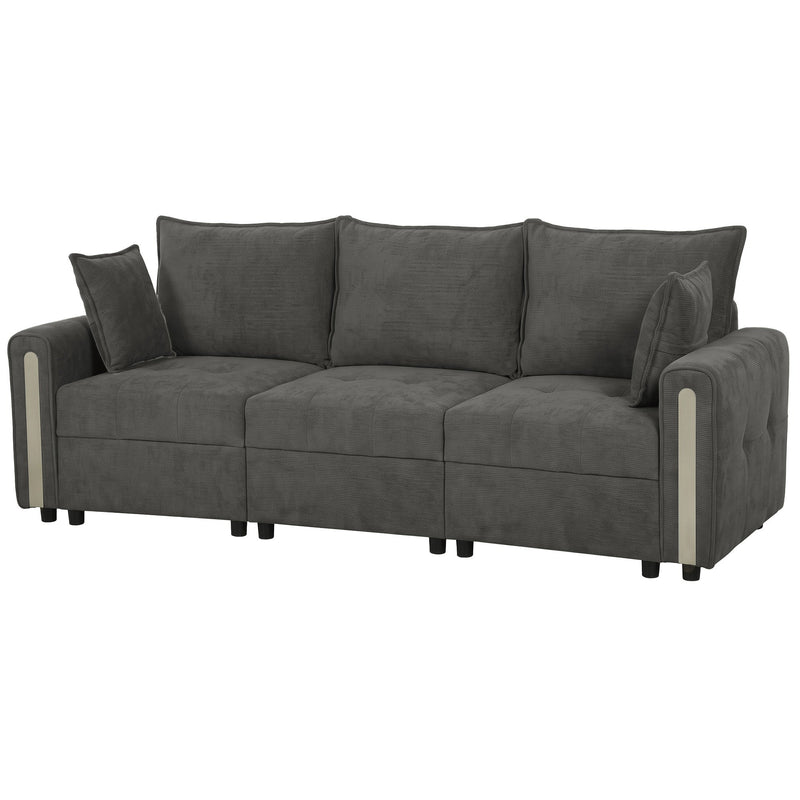 Dark grey velvet 3 seater lift-up storage sofa with two scatter cushions, studio front view