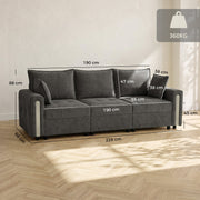Dimensions diagram of the dark grey sofa: 228 cm wide, 68 cm deep, 88 cm high, 190 cm seat width, 55 cm seat depth, 45 cm seat height and 360 kg capacity