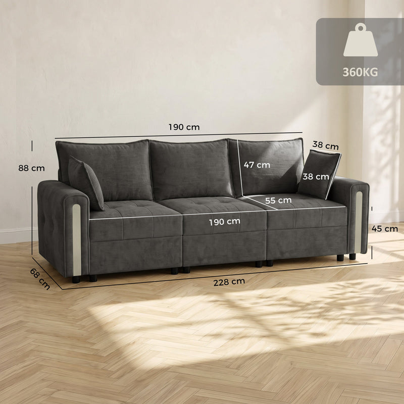 Dimensions diagram of the dark grey sofa: 228 cm wide, 68 cm deep, 88 cm high, 190 cm seat width, 55 cm seat depth, 45 cm seat height and 360 kg capacity