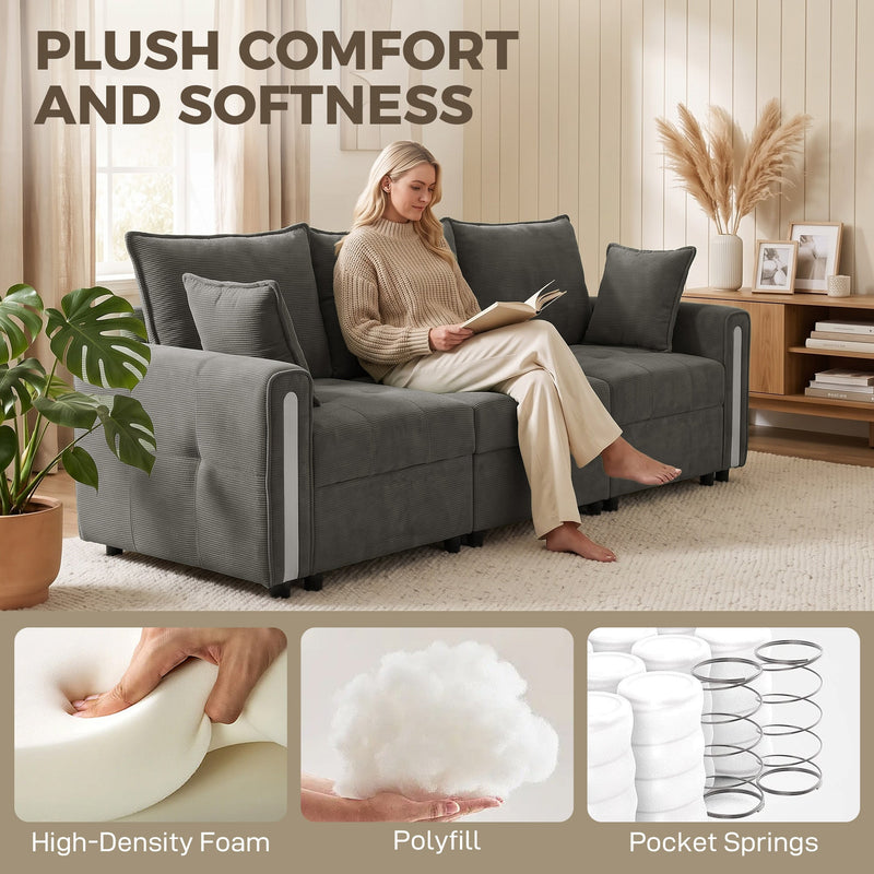 Woman reading on the dark grey sofa, with close-ups of high-density foam, polyfill and pocket springs