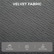 Close-up of the dark grey velvet fabric texture with breathable, soft and skin-friendly icons