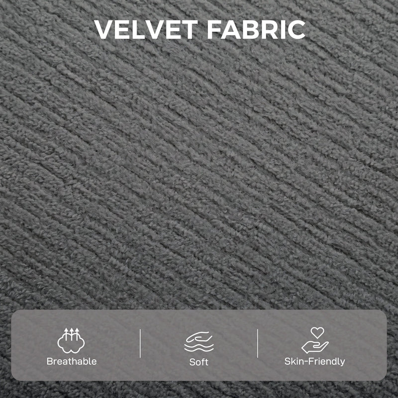 Close-up of the dark grey velvet fabric texture with breathable, soft and skin-friendly icons