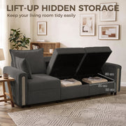 Two lift-up seats open on the dark grey sofa, showing the hidden storage compartments underneath