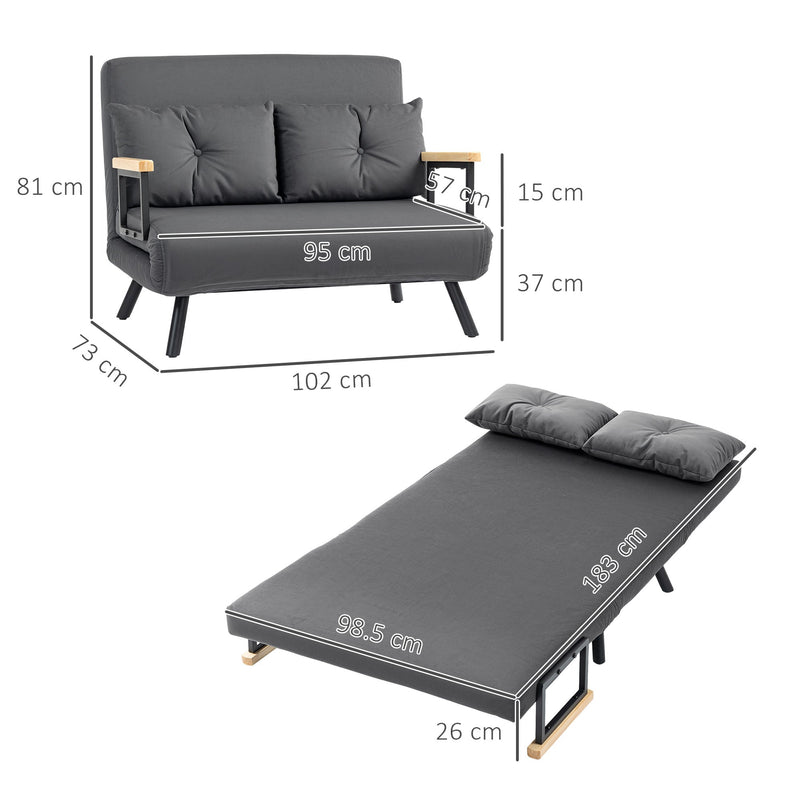 Dimension diagram showing sofa mode 102W x 73D x 81H cm and bed mode 183L x 98.5W cm