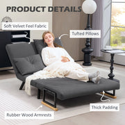 Labelled product details shot showing velvet fabric, tufted pillows and rubber wood armrests