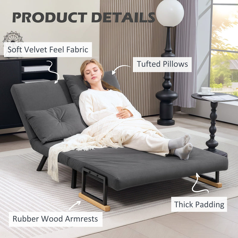 Labelled product details shot showing velvet fabric, tufted pillows and rubber wood armrests