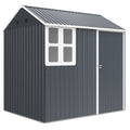 Dark grey 7x6ft metal garden shed with apex roof, four-pane window and white trim