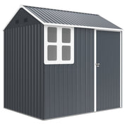 Dark grey 7x6ft metal garden shed with apex roof, four-pane window and white trim