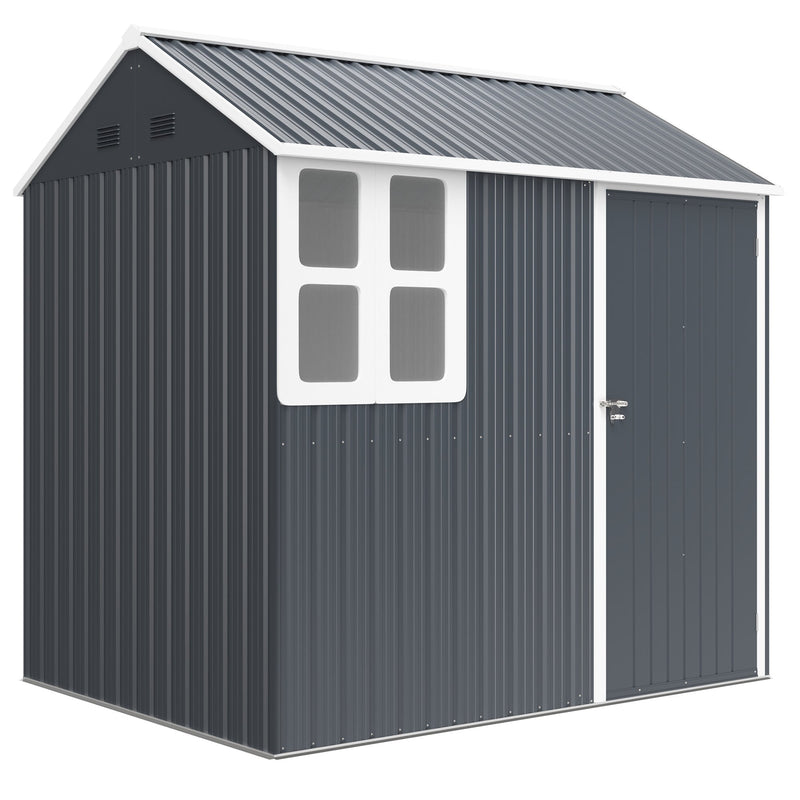 Dark grey 7x6ft metal garden shed with apex roof, four-pane window and white trim