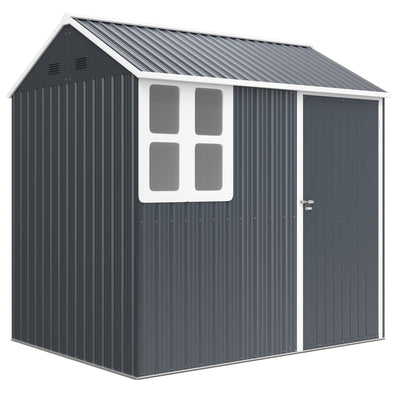 Dark grey 7x6ft metal garden shed with apex roof, four-pane window and white trim