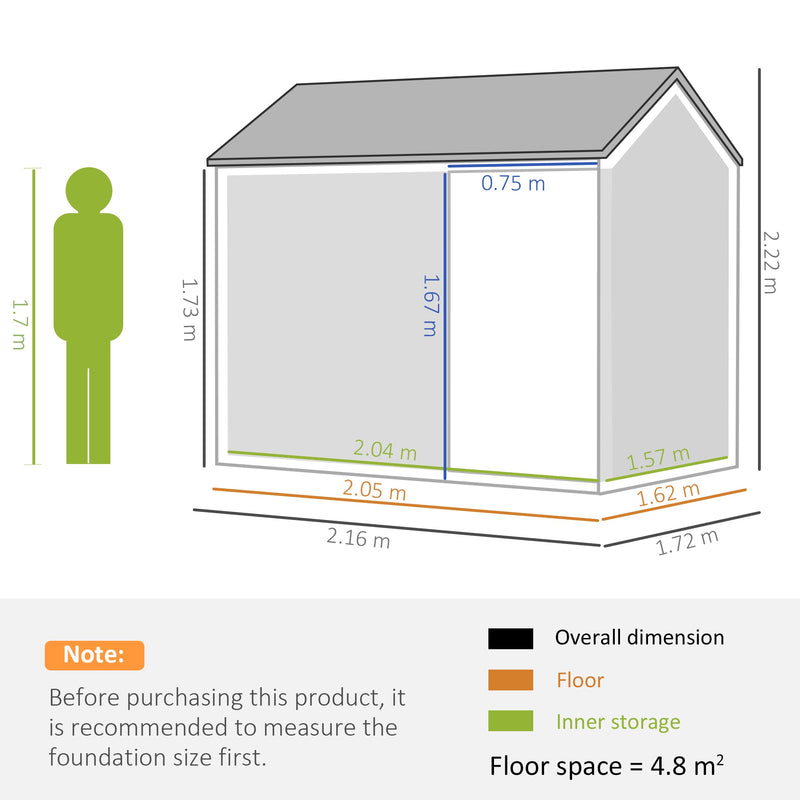 Dimension diagram showing 2.16m width, 1.72m depth, 2.22m ridge height and a 0.75m door