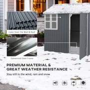 Snow-covered shed with close-ups of the colour steel tile panels and galvanised steel frame