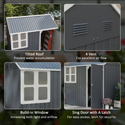 Four panels showing the tilted roof, four gable vents, built-in window and latching door
