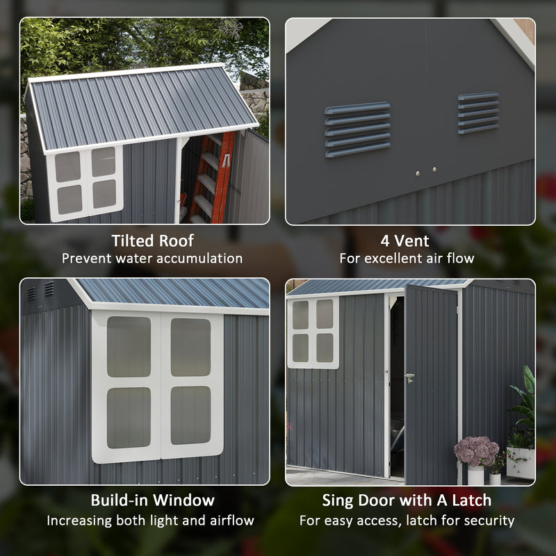 Four panels showing the tilted roof, four gable vents, built-in window and latching door