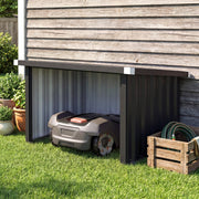 Robot mower garage with a robotic mower inside and a hose in a crate