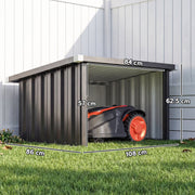 Robot mower garage showing 84 cm entrance, 57 cm and 62.5 cm height and 86 by 108 cm footprint