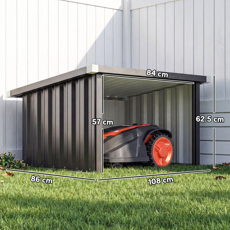 Robot mower garage showing 84 cm entrance, 57 cm and 62.5 cm height and 86 by 108 cm footprint