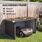 Galvanised frame robot mower garage with fallen leaves on the roof