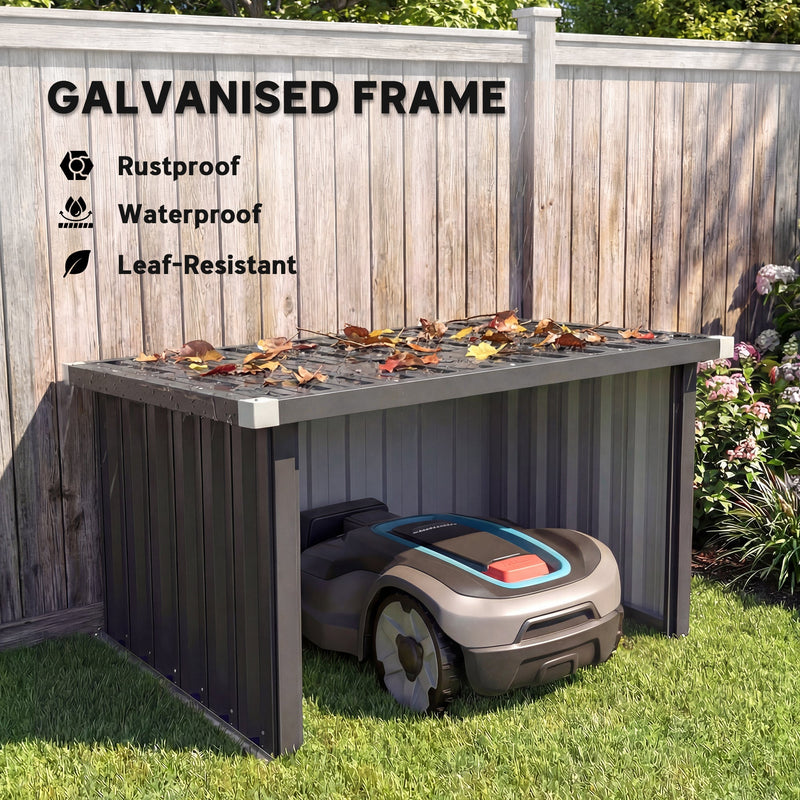 Galvanised frame robot mower garage with fallen leaves on the roof