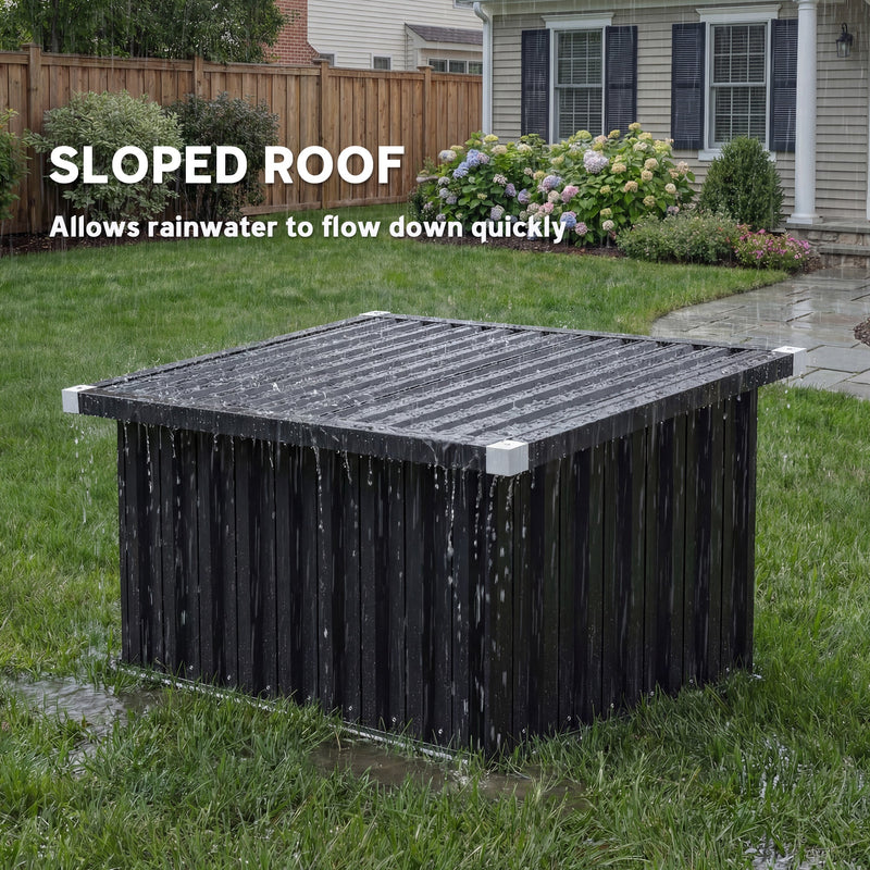 Sloped roof of the mower garage with rainwater running off