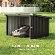 Robot mower garage showing the large entrance with 84 cm and 57 cm labels